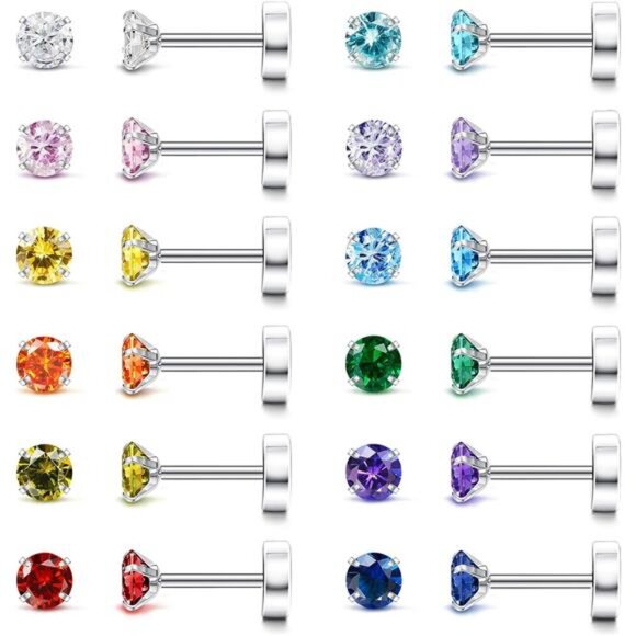 20G Hypoallergenic Flat Back Earrings for Women Men Silver 14K Gold Stainless - Picture 1 of 7